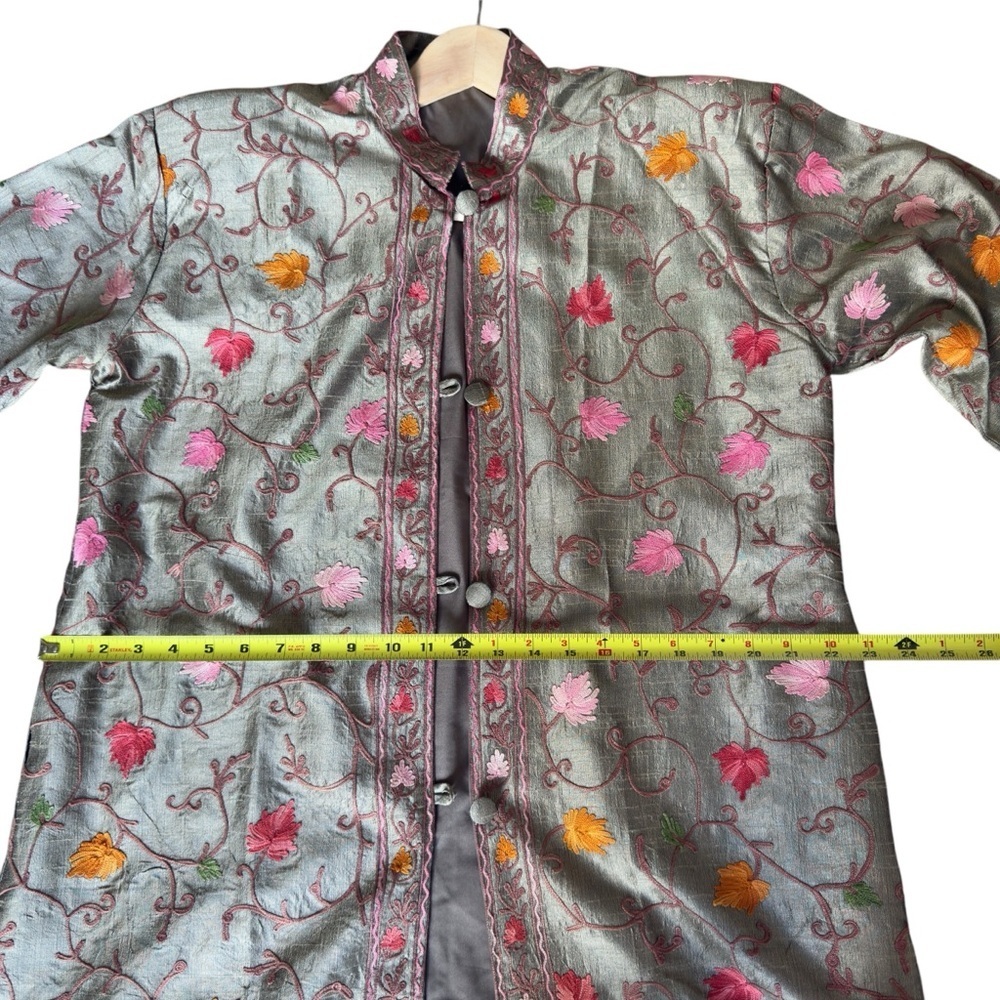 Vintage smoke-green long Kashmiri jacket embroidered size M - Picture 10 of 10